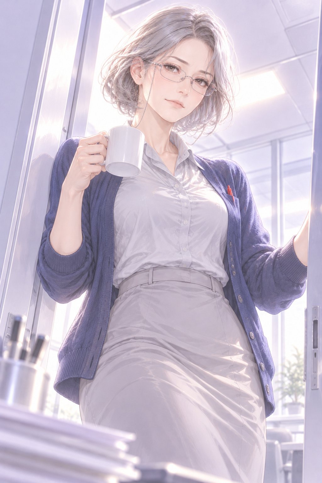 開いた扉の所に立つ年配の女性の上司。銀色の短い髪に眼鏡、紺のカーディガン、手にマグカップ、胸ポケットに赤ペン。2人を静かに見ている。