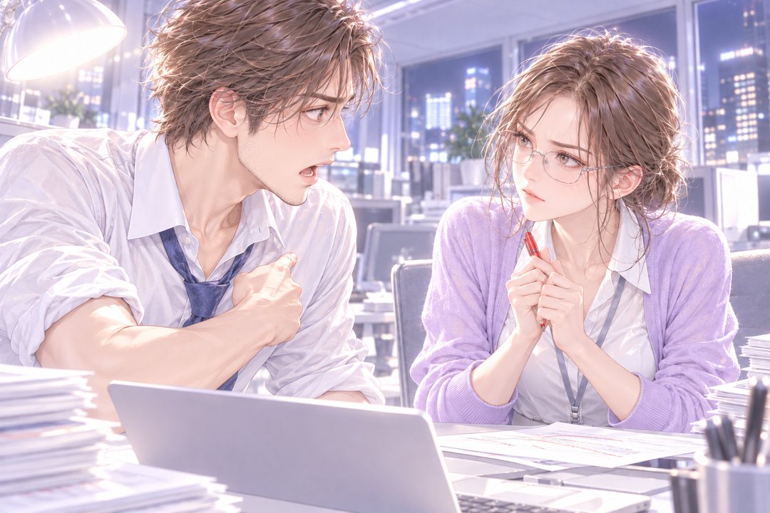 机をはさんで顔を見合わせる2人。左の男性社員は自分の胸に手を当ててぽかんと口を開け、右の若い女性社員は赤ペンを両手で握って、真剣な目で男性を見る。
