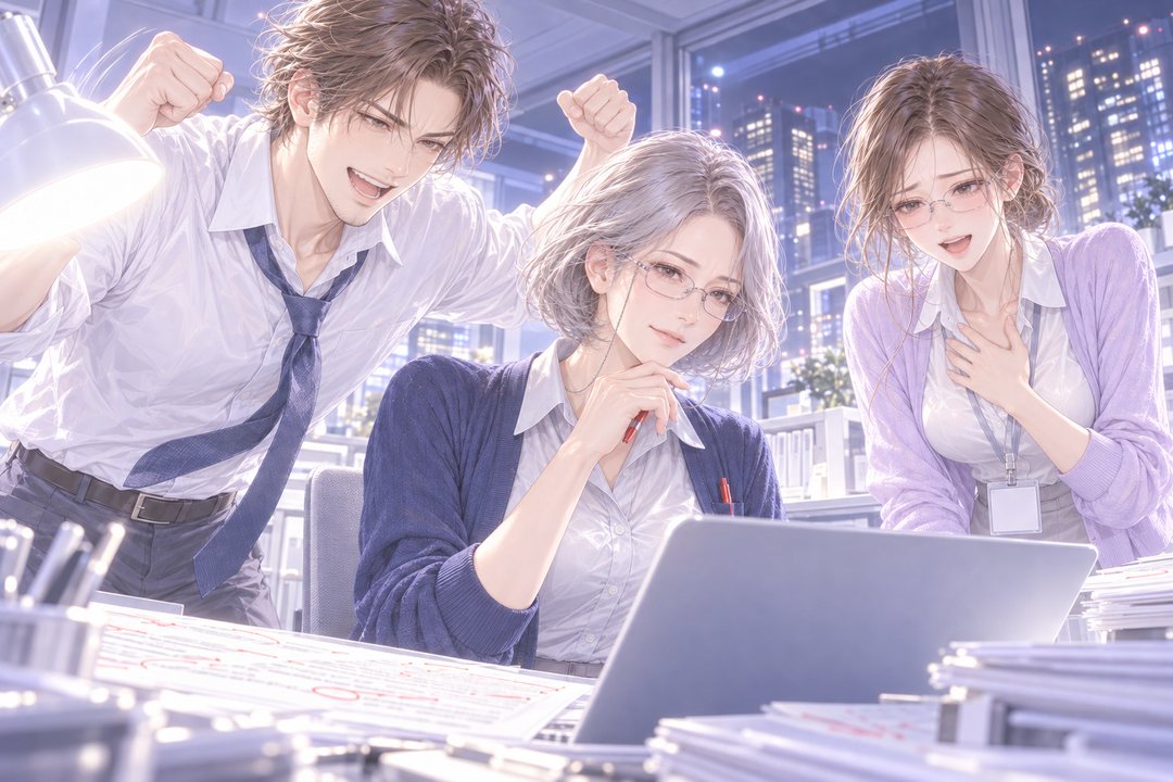 夜のオフィス。パソコンの画面をのぞく3人。真ん中で上司が小さくうなずき、右の若い女性社員がほっと胸をなで下ろし、左の男性社員が両手を突き上げる。