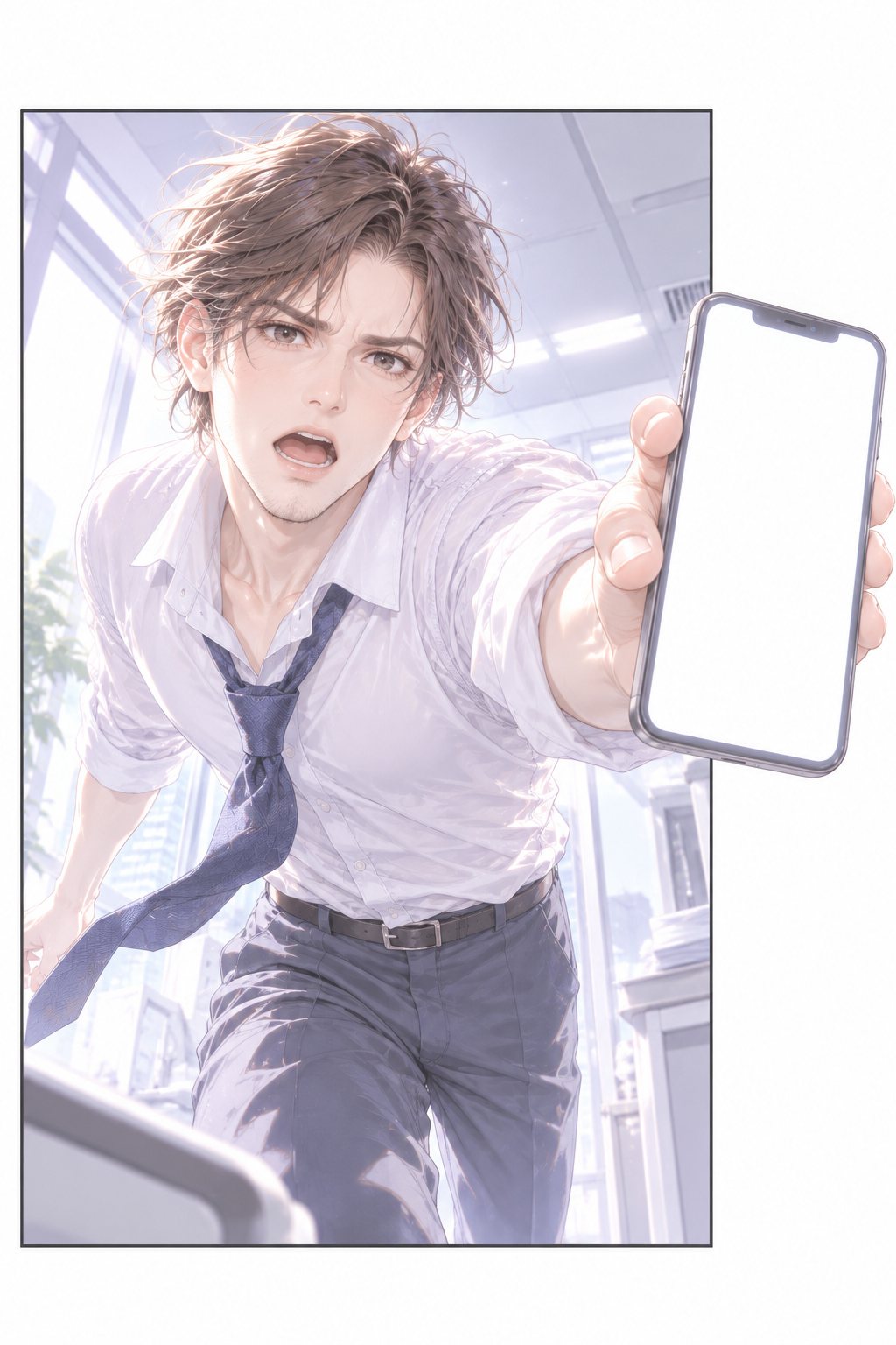 朝のオフィスの入口。息を切らして駆け込んできた男性社員が、スマートフォンの画面をこちらへ突き出す。画面は白い光だけ。