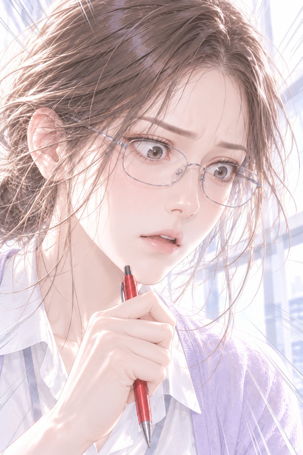 青ざめた若い女性社員の寄り。眼鏡の奥で目を見開き、手に持った赤ペンを握りしめる。後ろの窓に朝の白い光。