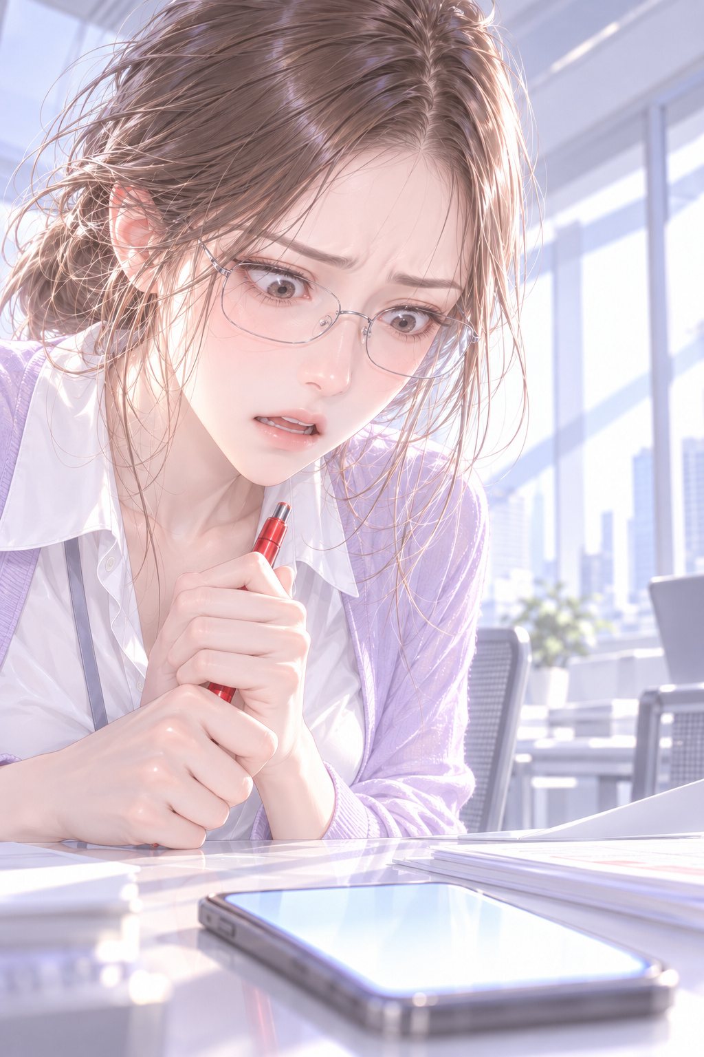 青ざめた若い女性社員の寄り。眼鏡の奥で目を見開き、赤ペンを両手で握りしめて、机のスマートフォンの画面を見下ろす。