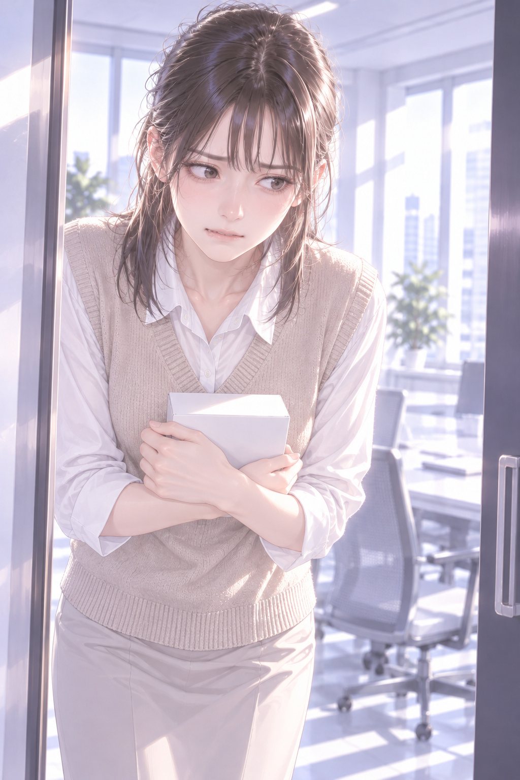 会議室のガラスの戸口に身を寄せる若い女性社員。白い小さな箱を両腕で胸に抱え、寝不足の目を横へそらし、眉を寄せる。