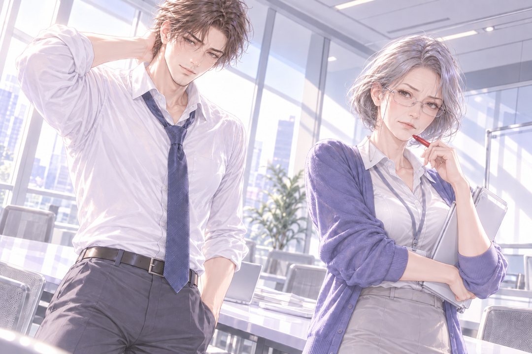 照れくさそうに頭をかく男性社員（左）と、赤ペンをあごに当て、眼鏡の奥で片方の眉を上げて見ている年配の女性の上司（右）。