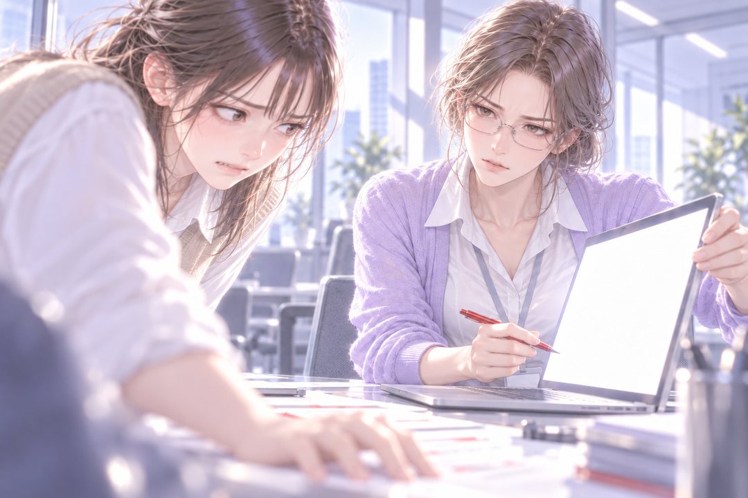 会議室の机で、若い女性社員（右）がノートパソコンの白く光る画面を、健康食品の担当（左）の方へ向ける。担当は眉を寄せて身を乗り出す。