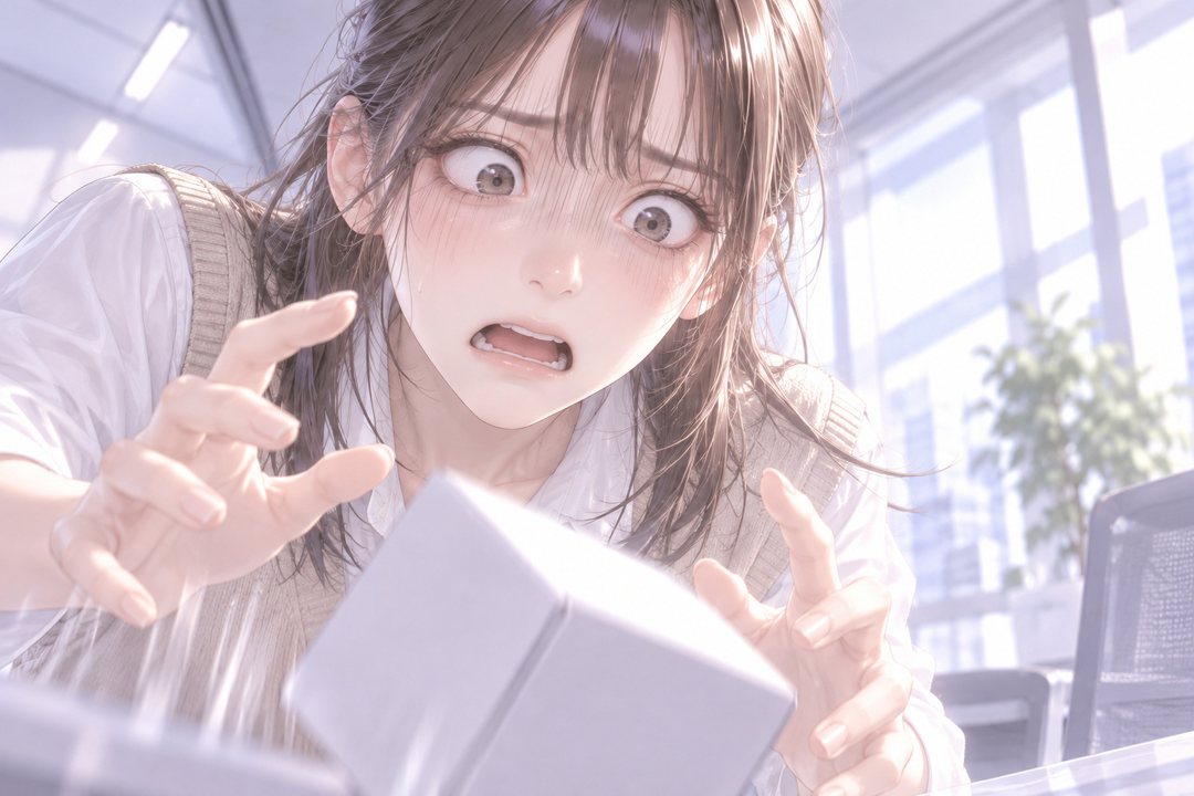 健康食品の担当の顔の寄り。目を見開いて口を開け、抱えていた白い箱が手から落ちていくのを、両手で追う。