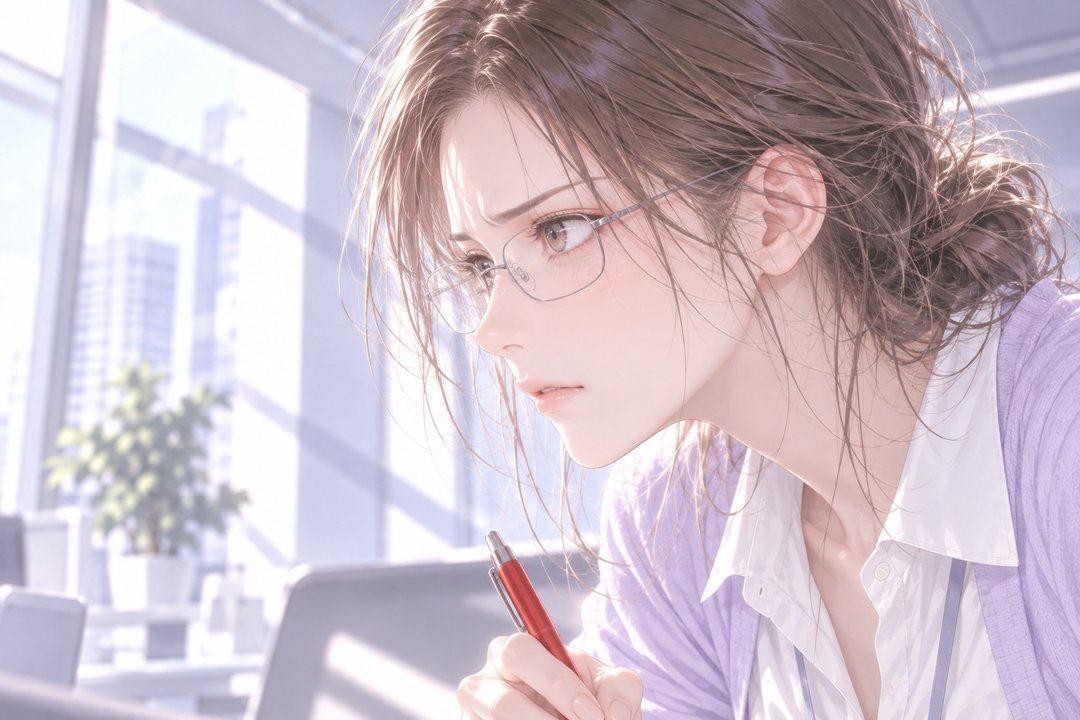 若い女性社員の横顔の寄り。眉を寄せ、まっすぐ左の相手を見ている。手に赤ペン。