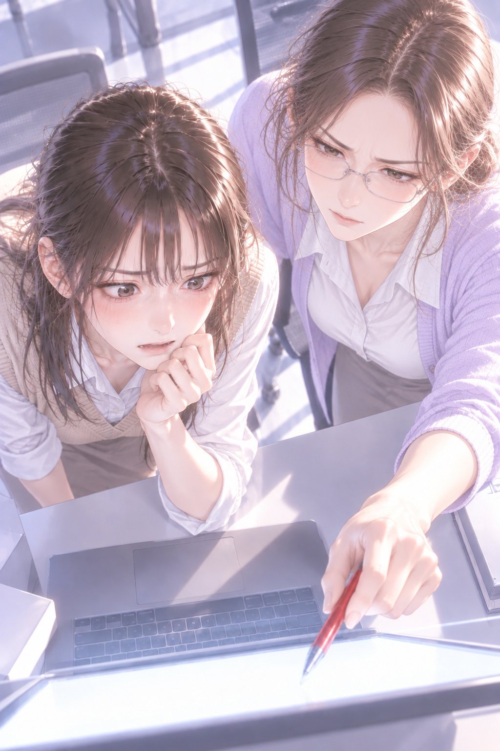 上から見下ろす構図。ノートパソコンの白く光る画面の1か所を、若い女性社員（右）が赤ペンの先で指す。左で健康食品の担当が、あごに手を当てて不安そうにのぞき込む。
