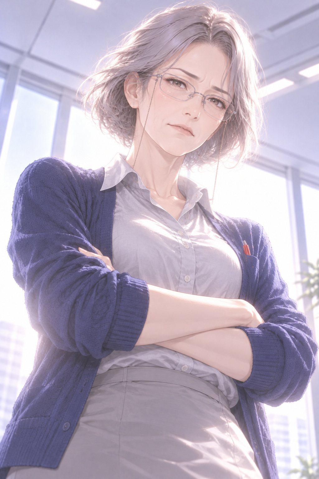下から見上げる構図。年配の女性の上司が腕を組み、眼鏡の奥から鋭い目で若い女性社員を見下ろす。胸ポケットに赤ペン。窓の白い光を背に受けている。