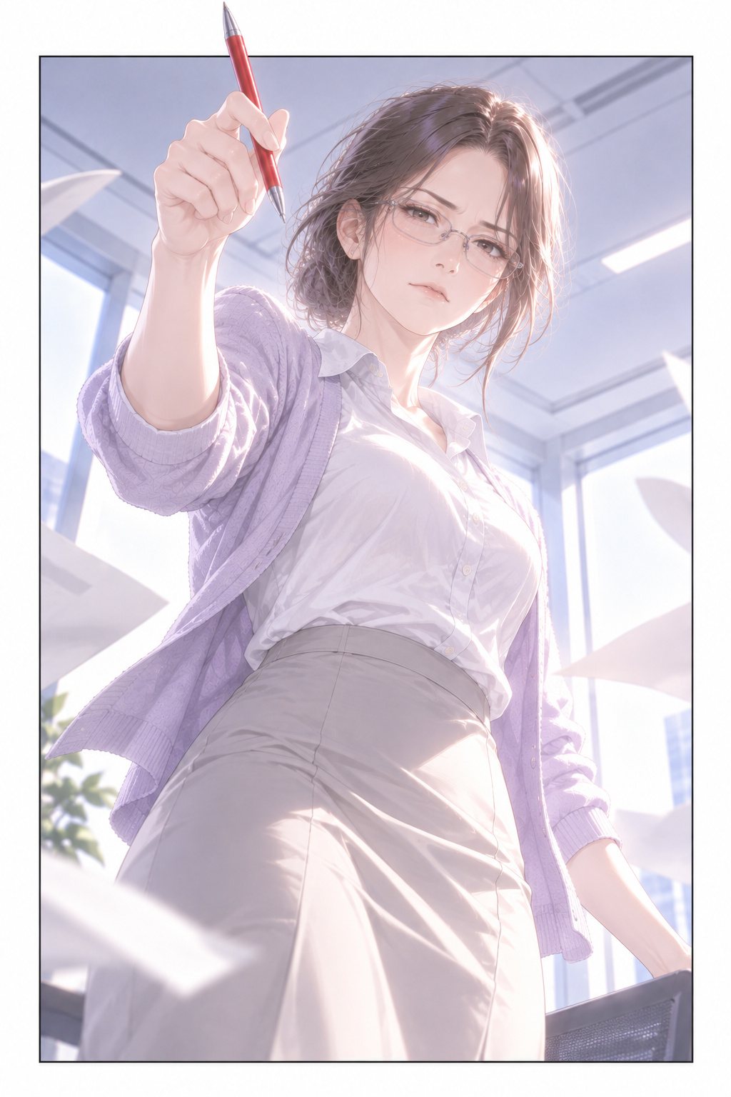 下から見上げる構図。立ち上がった若い女性社員が、赤ペンを握った手を高く掲げ、迷いの消えた目で前を見る。まわりに紙が舞い、カーディガンの裾が揺れる。