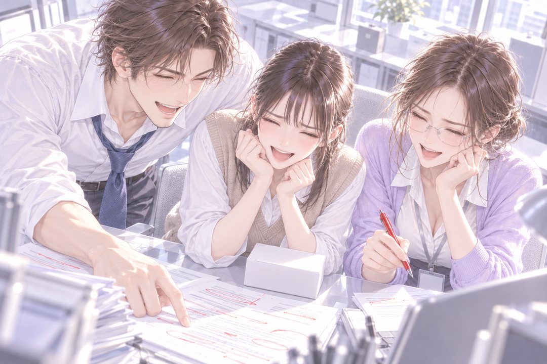 昼の明るいオフィスの机を3人で囲む。左に腕まくりの男性社員、真ん中に白い箱を前に置いた健康食品の担当、右に赤ペンを持った若い女性社員。赤い直しの入った紙を前に、3人とも声を上げて笑っている。