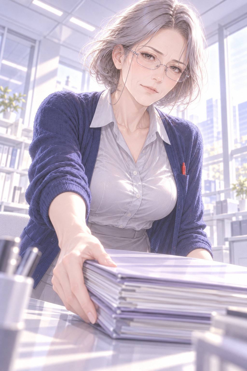 年配の女性の上司が、分厚い書類の束を若い女性社員の机にそっと置く。口の端が少しだけ上がっている。昼の白い光。