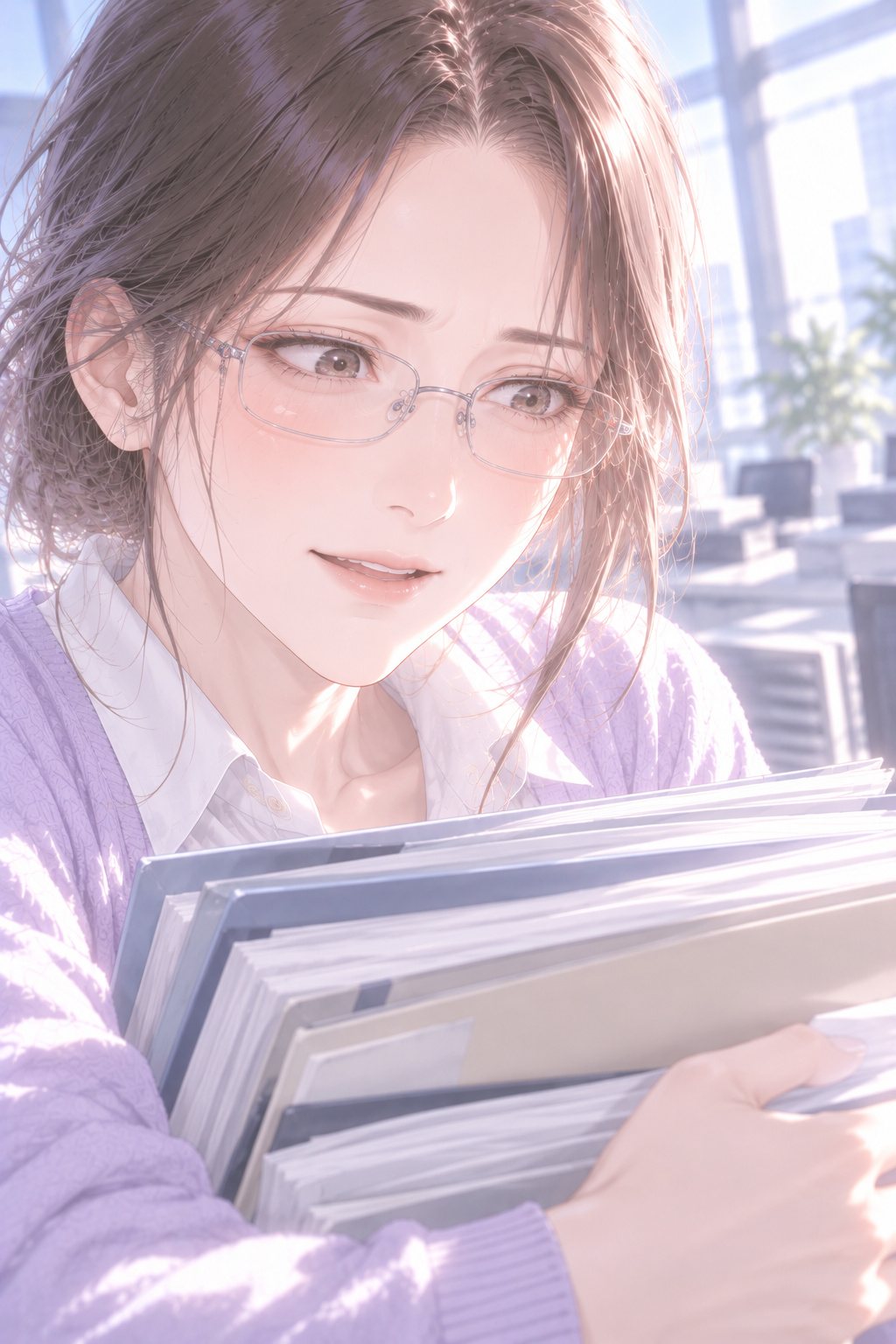 書類の束を両手で抱えた若い女性社員の寄り。驚いた後に、こらえきれずに口元がゆるむ。眼鏡に窓の光。