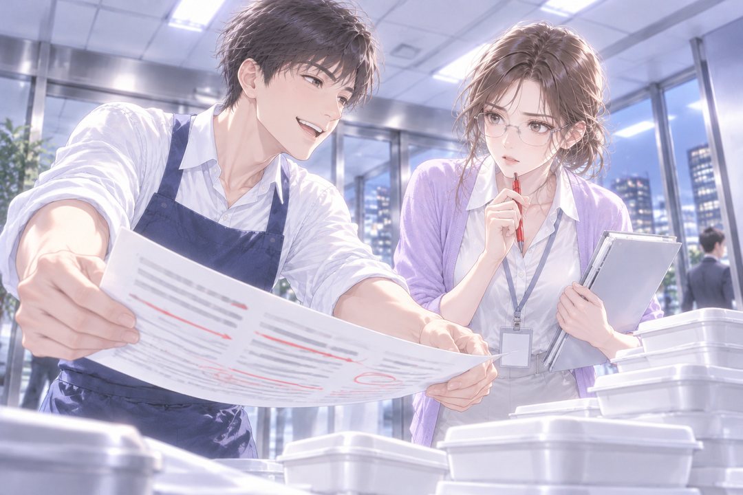 白い蛍光灯のオフィス。紺のエプロンの若い男性社員(左)が、赤い線の入った大きな広告の紙を笑顔で突き出す。右の若い女性社員は赤ペンを唇に当て、紙をのぞき込む。手前に白い弁当の箱が積まれている。