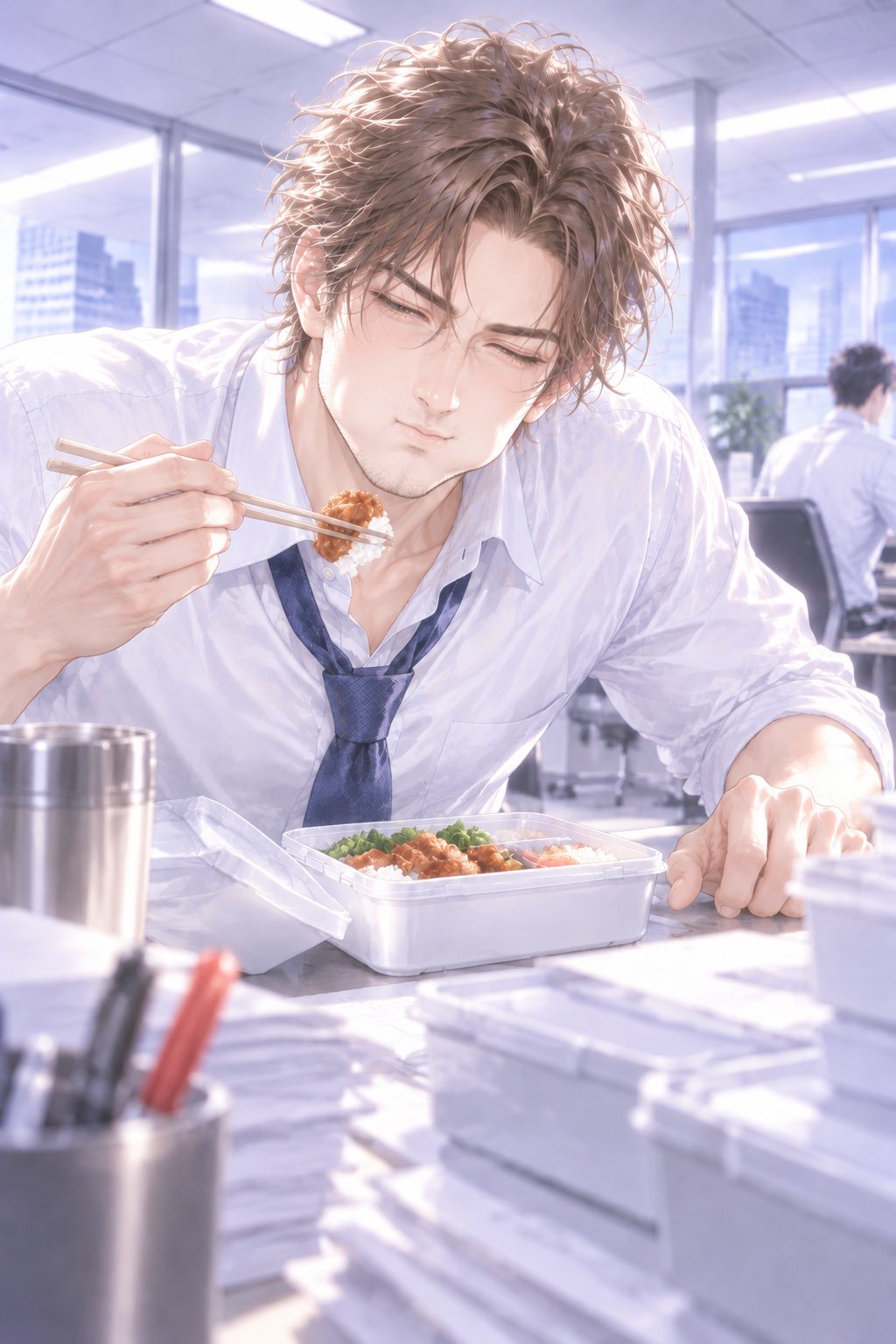 背の高い男性社員が、いつの間にか開けた見本の弁当から、箸で唐揚げをつまみ、目を閉じて味わう。ゆるめたネクタイ。
