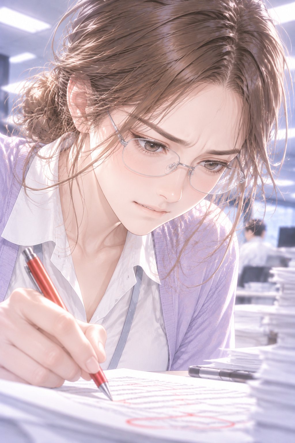 広告の紙に赤ペンの先を当てたまま、眉を寄せて考え込む若い女性社員の寄り。眼鏡に蛍光灯の白い光。