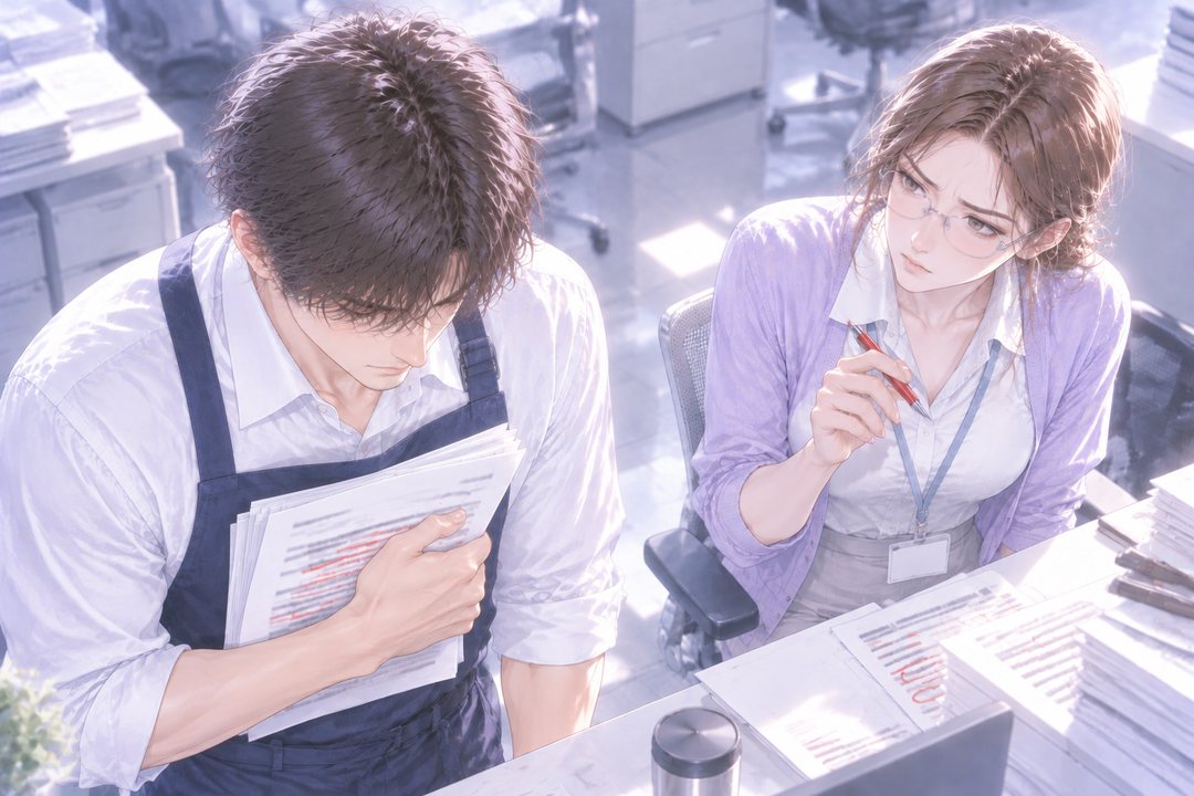 上から見た2人。広告の紙を胸に押し当て、うつむく若い男性社員（左）。椅子の若い女性社員（右）は、赤ペンを持った手を止め、男性社員を見上げる。