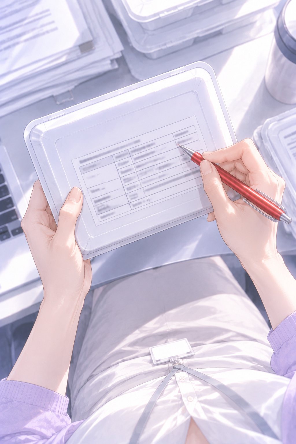 真上から見た手元。若い女性社員が、冷凍の弁当の箱の裏を左手で支え、細かい表の欄に右手の赤ペンの先を当てている。