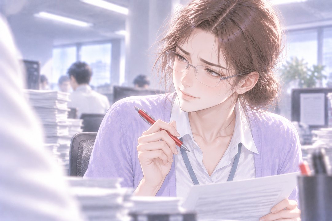 眉を下げ、困った笑顔で目を伏せる若い女性社員の寄り。耳のそばに汗のしずく。
