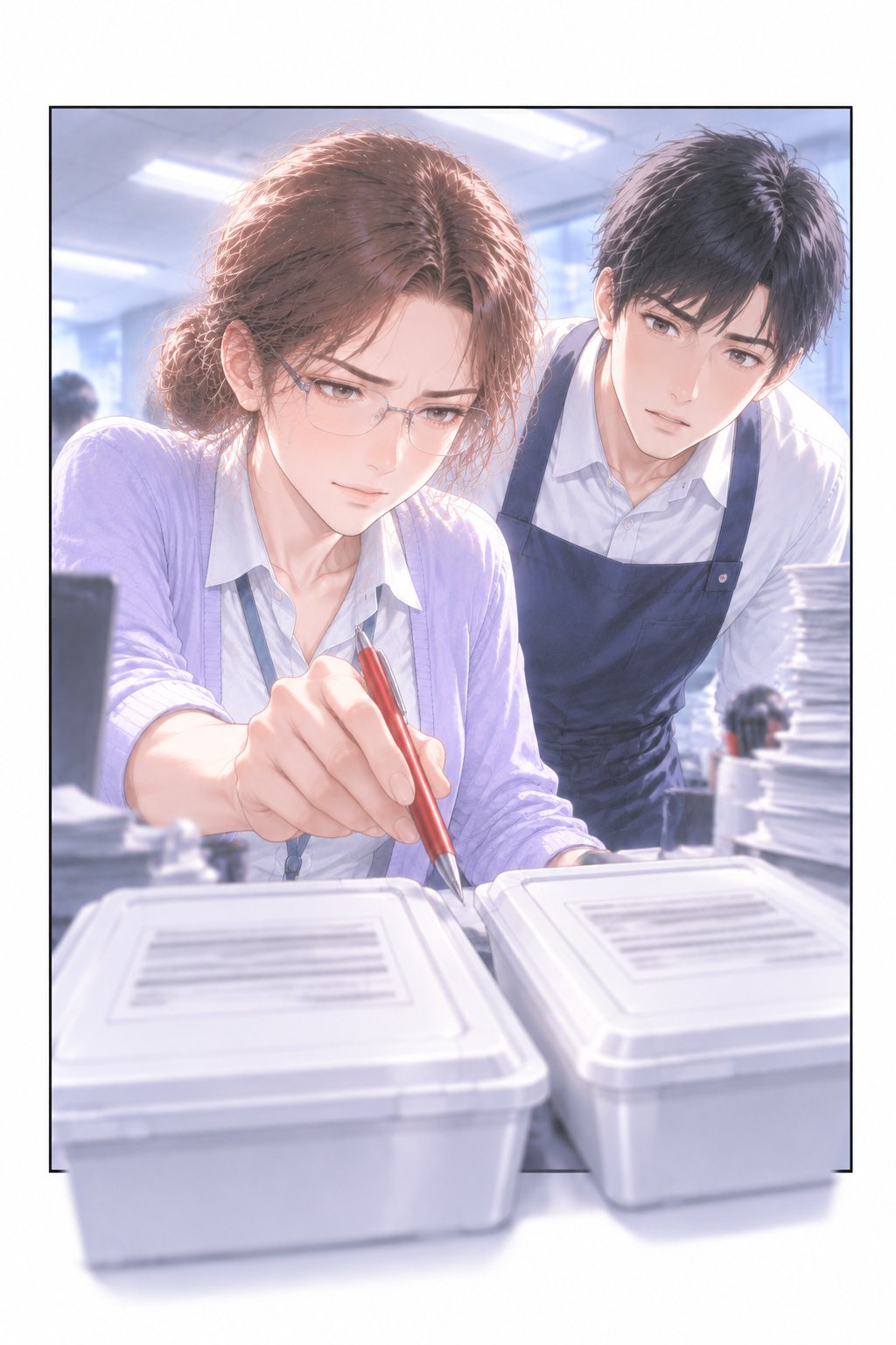 机に並べた冷凍の弁当の箱2つの間を、若い女性社員（左）が赤ペンの先で指す。右の奥から、エプロンの若い男性社員が真剣な顔でのぞき込む。手前の2つの箱が大きい。