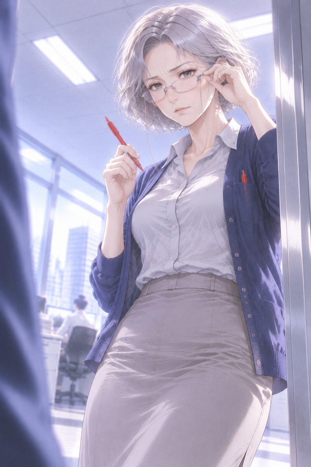 下から見上げる構図。戸口に立つ年配の女性の上司が、眼鏡のつるに指を添え、こちらを見下ろす。もう片方の手に赤ペン。