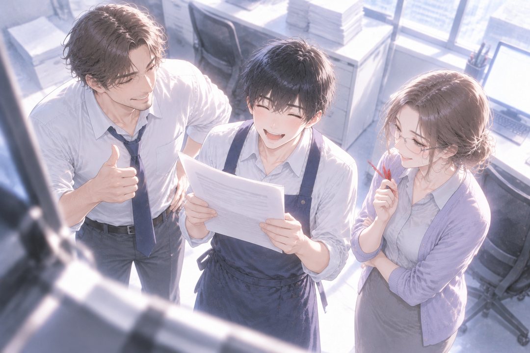 明るいオフィス。新しい広告の紙を持って笑う若い男性社員（真ん中）、親指を立てる背の高い男性社員（左）、赤ペンを持って小さく笑う若い女性社員（右）。