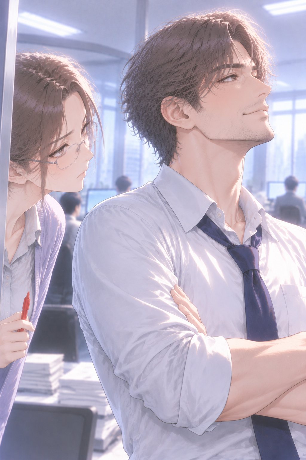 得意げに腕を組む背の高い男性社員の寄り。横から、半目でじっと見る若い女性社員の顔が少しだけ入る。
