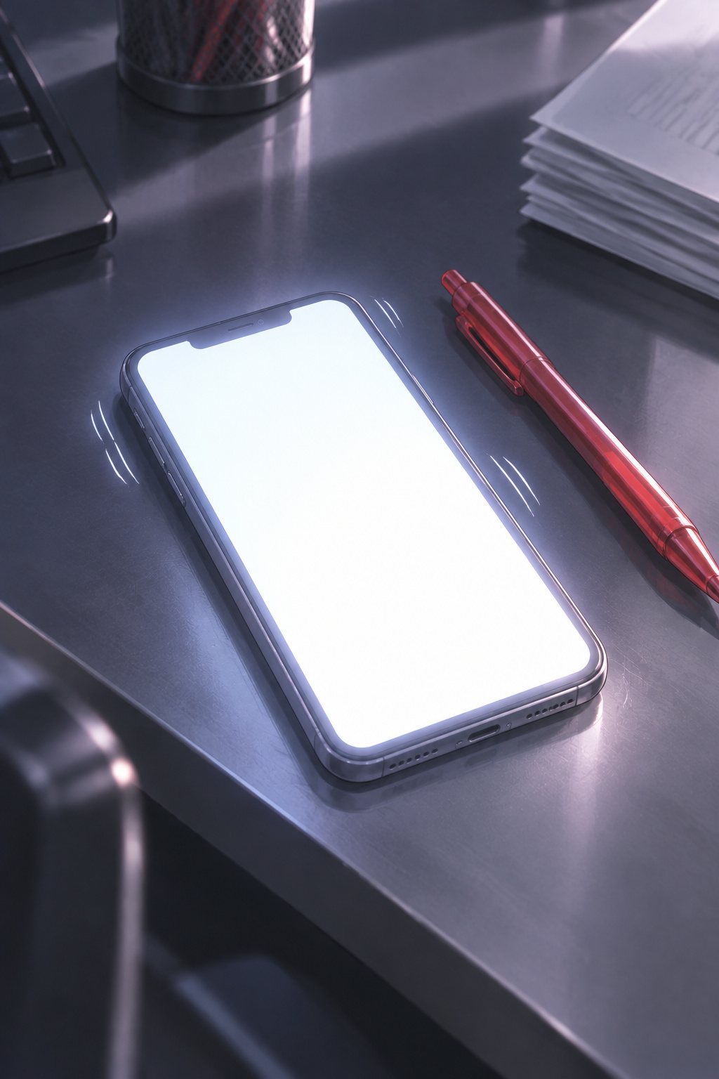 暗いオフィスの机の上で、画面が白く光るスマートフォンが小刻みに震えている寄り。横に赤ペン。