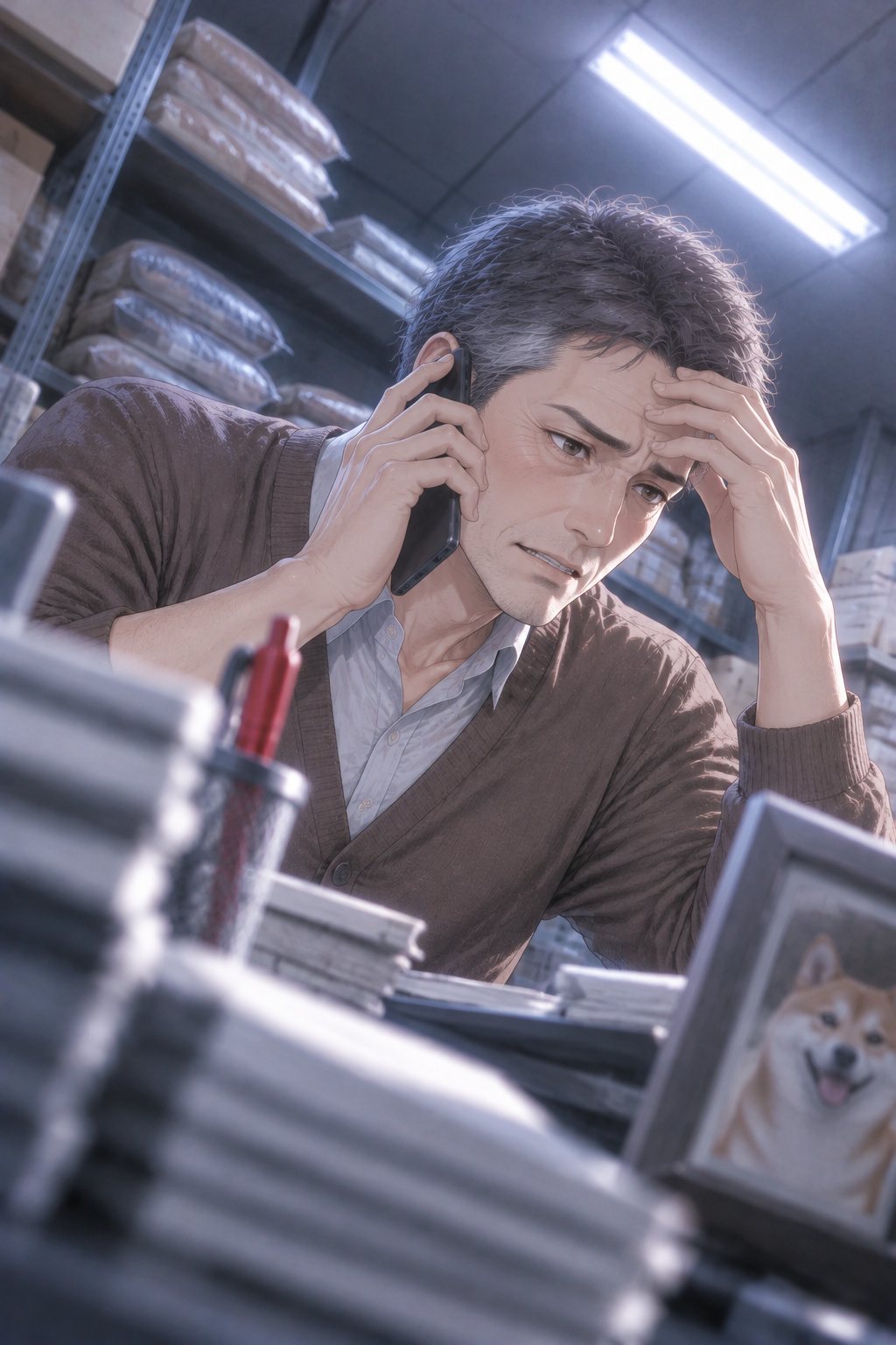 夜の倉庫の事務所。白い蛍光灯の下、中年の男性社員が電話を耳に当て、もう片方の手で額を押さえている。目尻のしわ、白髪まじりの短い髪、茶色のカーディガン。机に柴犬の写真立て。
