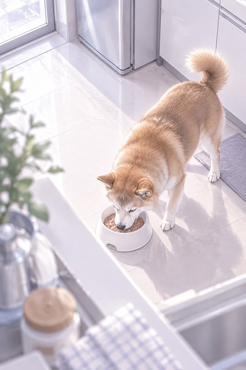 朝の台所の床を上から。年を取った柴犬が、器に入ったペットフードを夢中で食べている。しっぽが丸く上がっている。