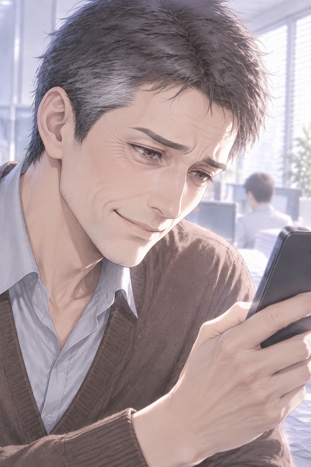 中年の男性社員の顔の寄り。手に持ったスマートフォンの画面を見て、目尻を下げて笑う。