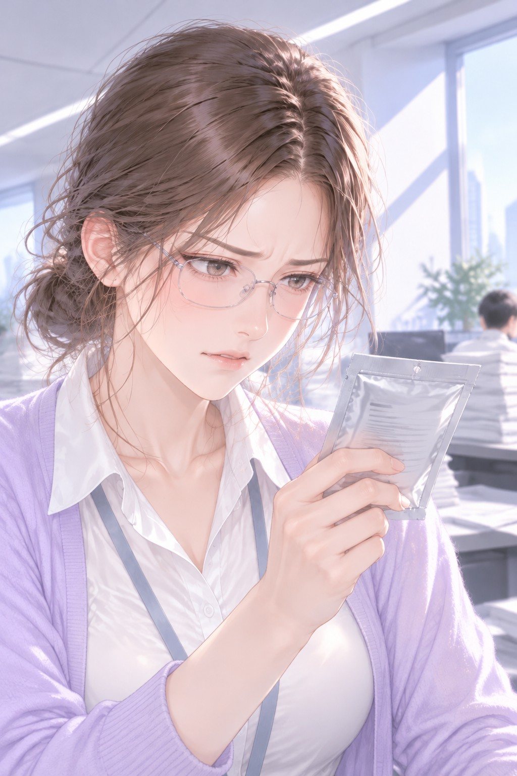 若い女性社員の胸から上を机の高さから。銀の小さな袋の裏を持ち上げ、眼鏡の奥で目を細める。