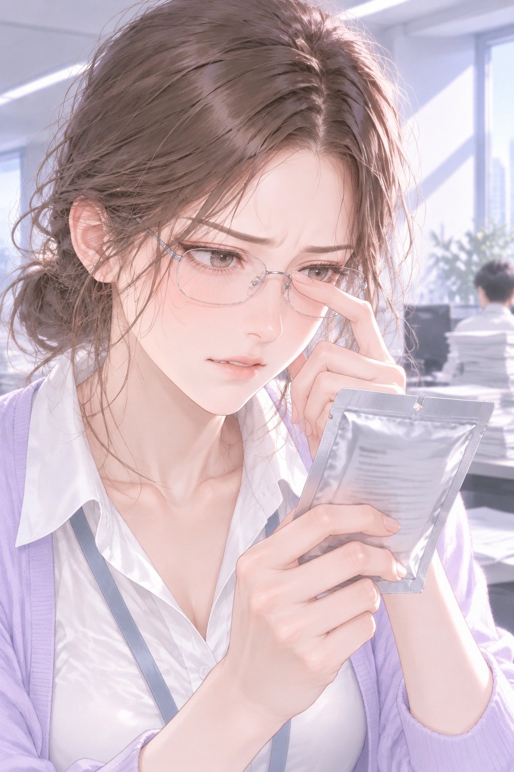 袋を顔に近づけて、目を細める若い女性社員。眼鏡を指で押し上げている。