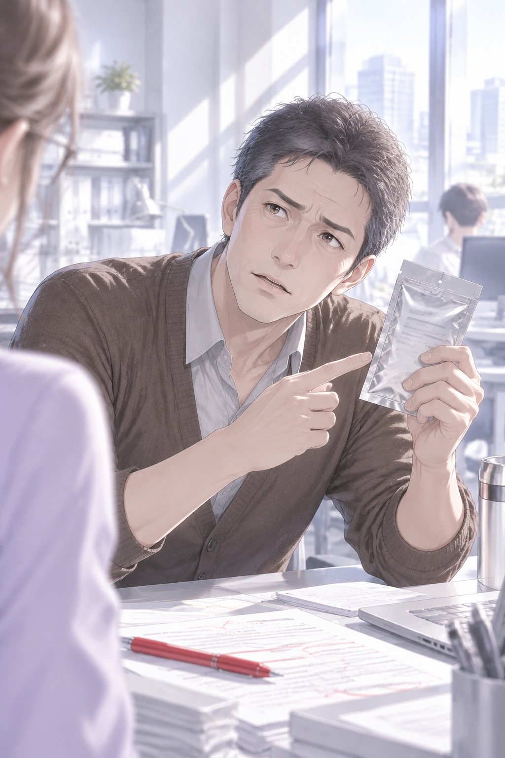 きょとんとした顔で首をかしげる中年の男性社員。銀の小さな袋を片手に持ち、もう片手で指さしている。手前に女性社員の後ろ姿。後ろの窓に朝の白い光。
