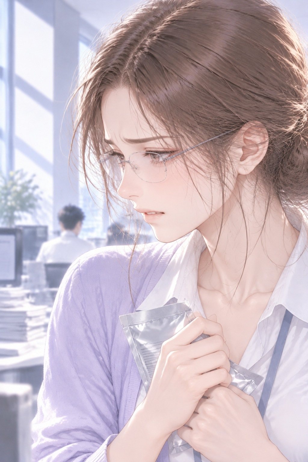 女性社員の横顔の寄り。銀の小さな袋を胸の前で握り、言いにくそうに目を伏せる。