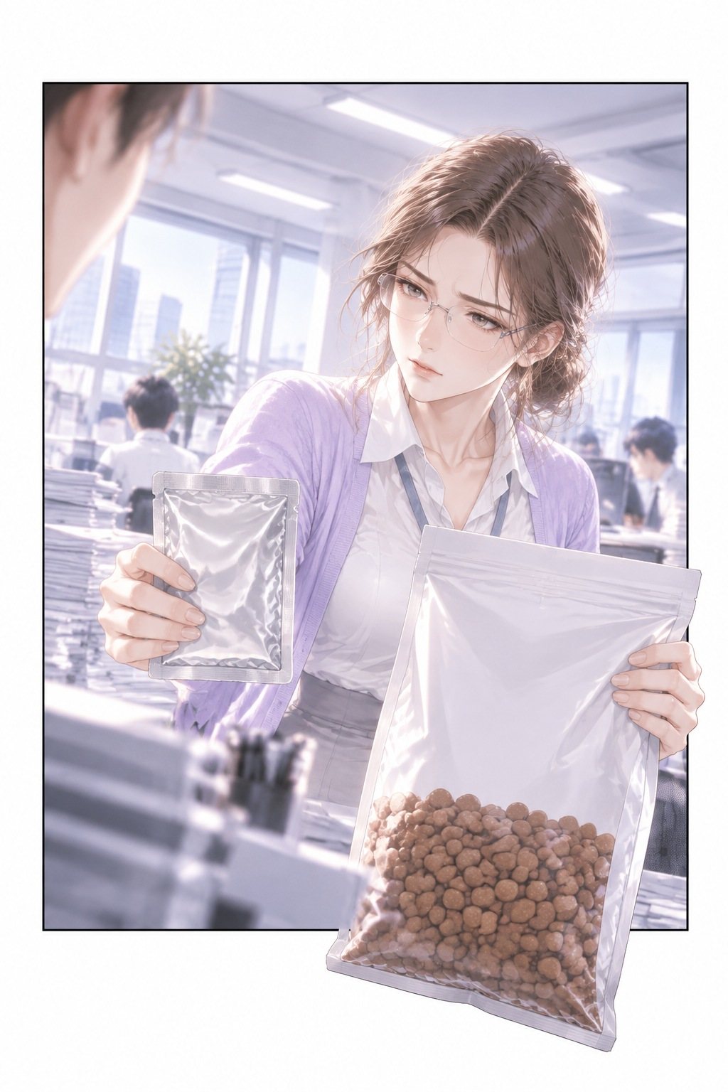 若い女性社員が、左手に透明な大きなドライフードの袋、右手に銀の小さなウェットフードの袋を持って、並べて見せる。手前の大きな袋が枠から出ている。左の手前に男性社員の頭。どちらの袋にも字は無い。