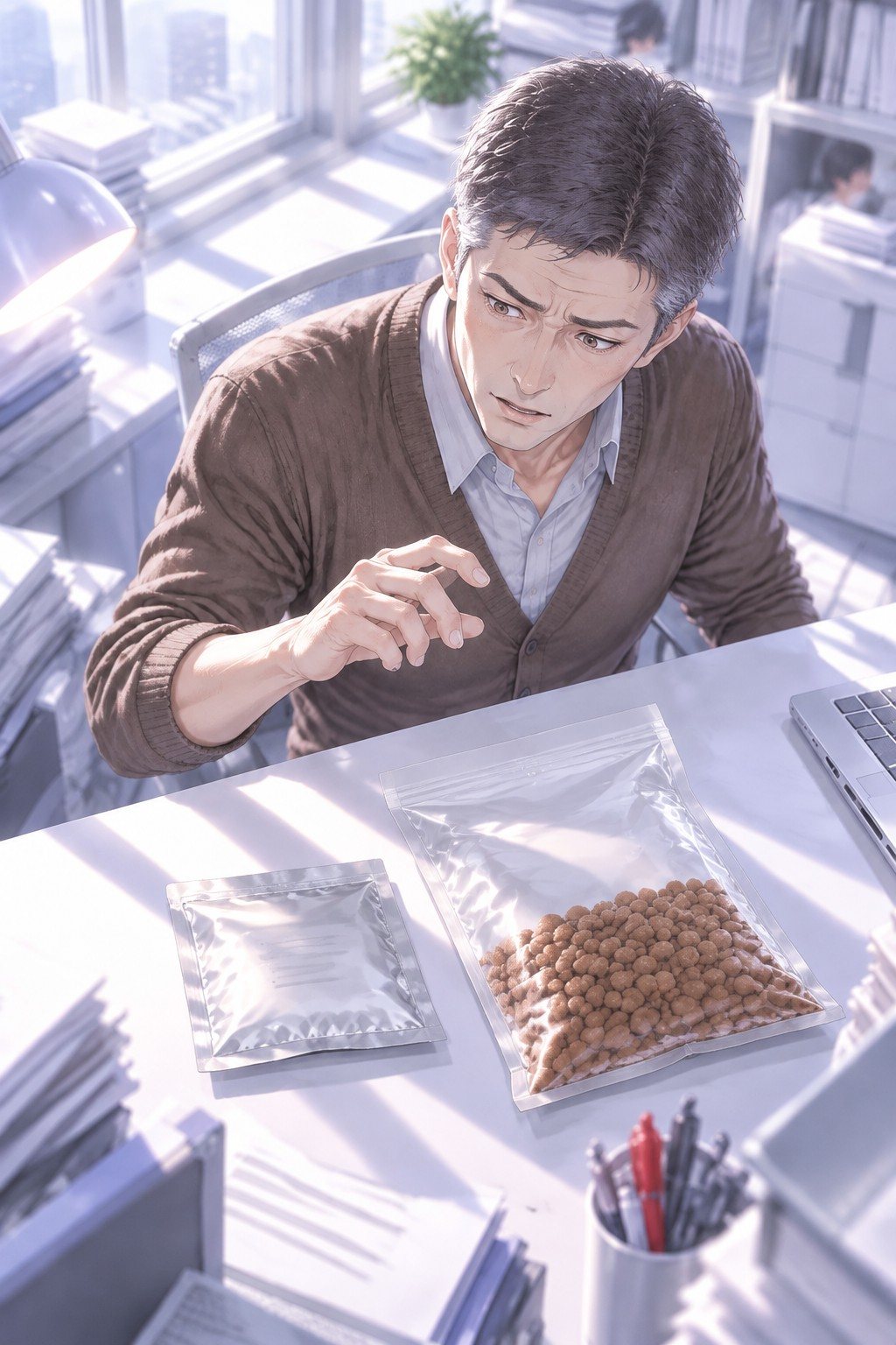 少し上から中年の男性社員。机の上の透明な大きな袋と銀の小さな袋を見比べ、手が袋の前で止まる。