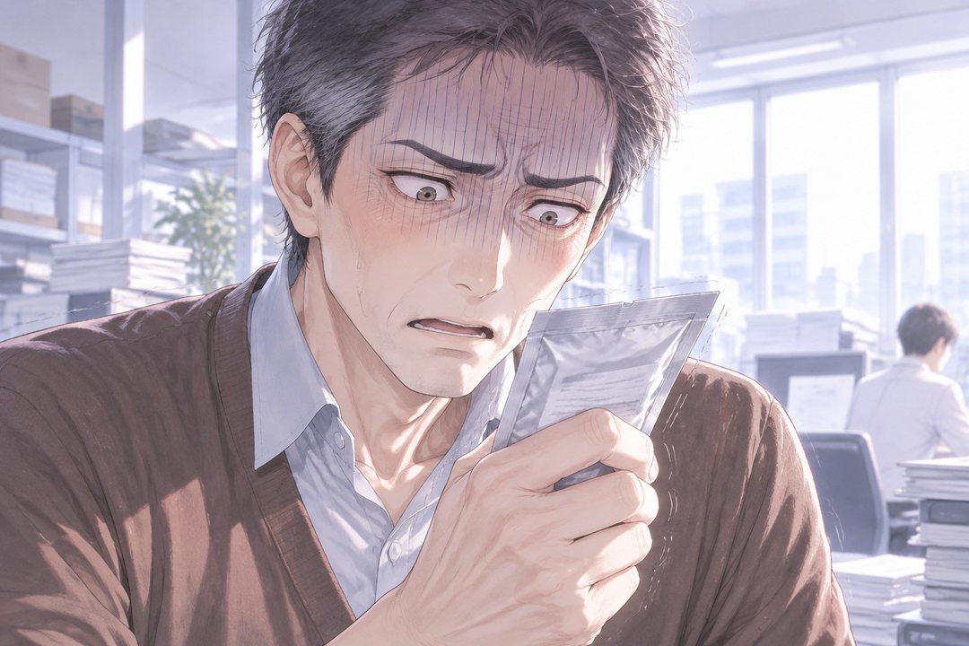 中年の男性社員の顔の寄り。顔から血の気が引き、驚きの縦線。銀の小さな袋を持つ手がふるえている。