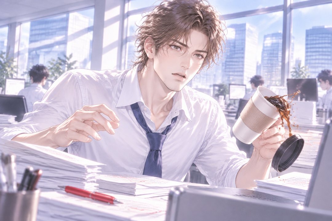 背の高い男性社員が、何かを思い出したように目を見開いて固まる。手に持ったコーヒーの紙コップが傾き、ふたが外れてコーヒーがこぼれている。