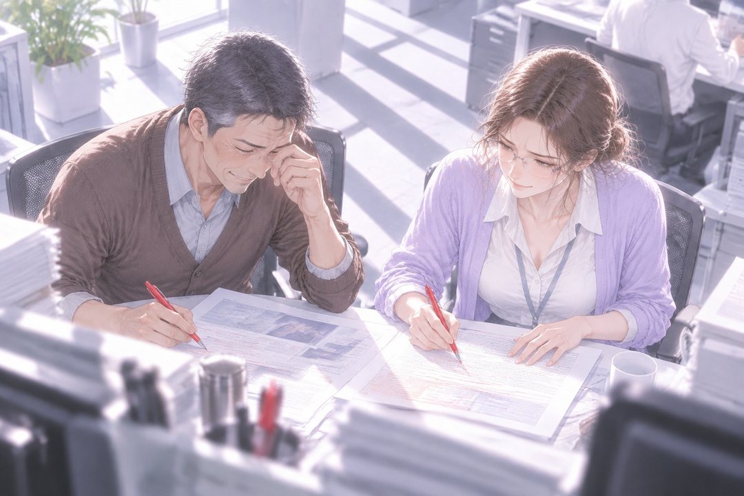 朝の机に並んで、中年の男性社員(左)と若い女性社員(右)が、広告の紙に赤ペンで書き込んでいる。男性は目元をぬぐいながら、少し笑っている。