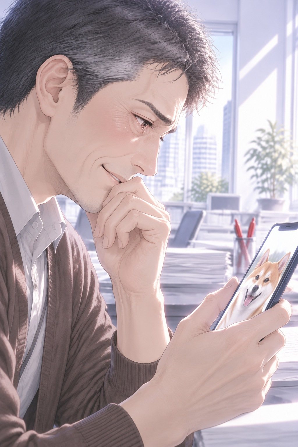 中年の男性社員の寄り。目を赤くしたまま、ほっとしたように口元に手を当てて笑い、スマートフォンの柴犬の写真を見つめる。