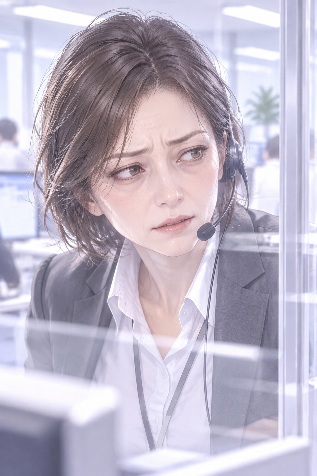 お客の窓口の主任の顔の寄り。40代の女性、短い髪にヘッドセットを付け、疲れた目でガラス越しに横を見ている。目の下にくま、ほうれい線。