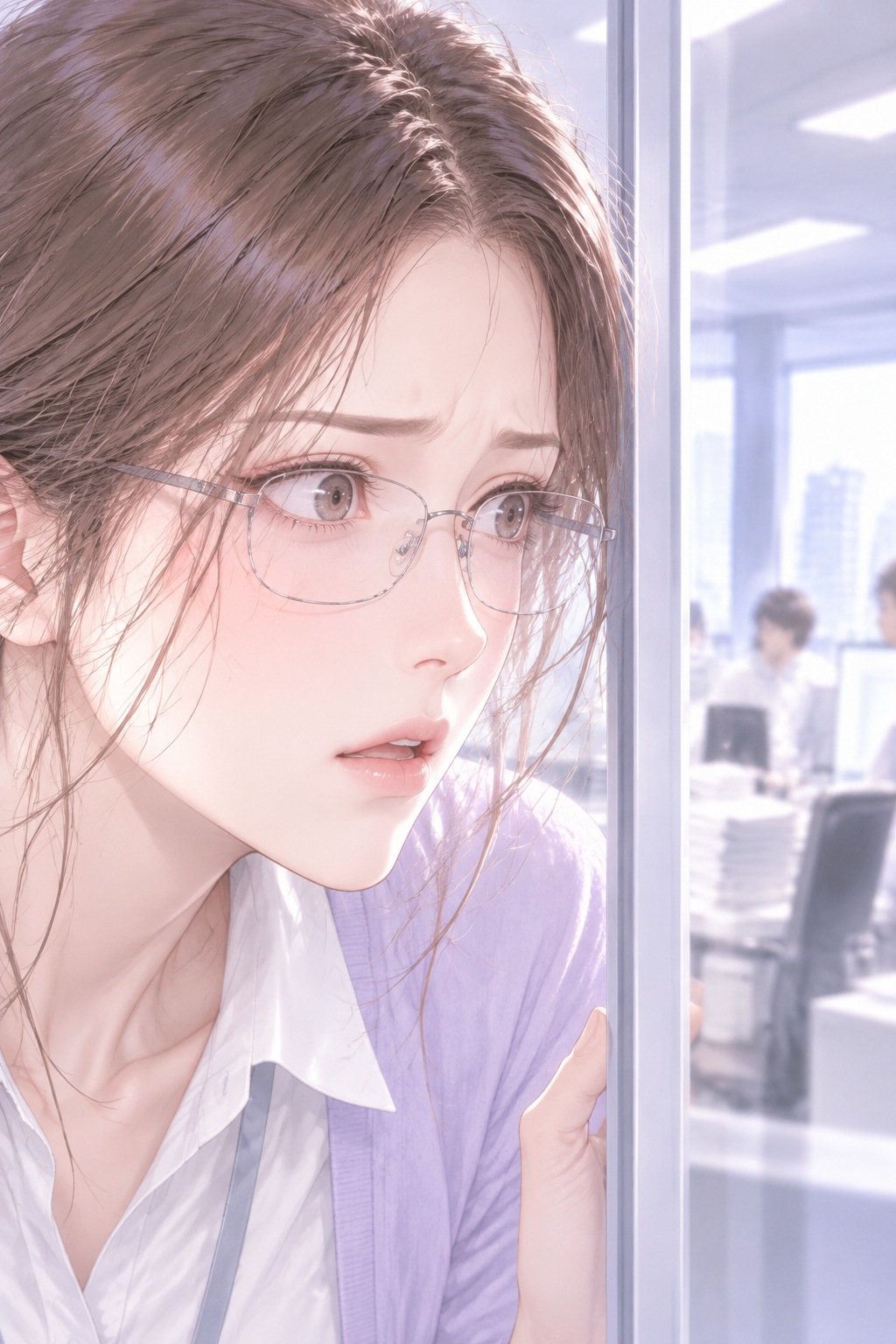 若い女性社員の顔の寄り。眼鏡の奥で、ガラスの向こうを見つめて目を見開く。