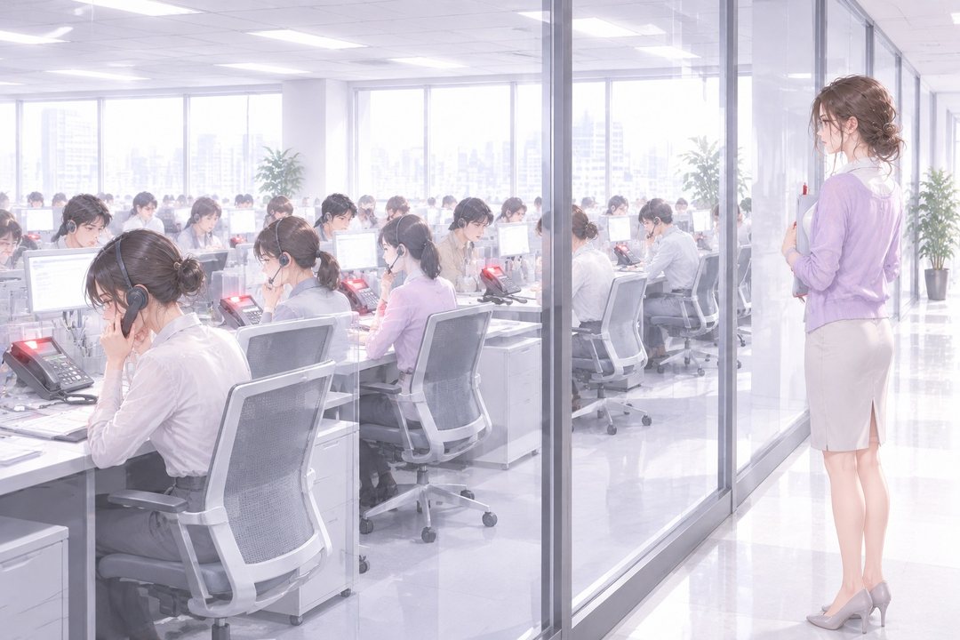 お客の窓口の広い構図。ずらりと並んだ机で、ヘッドセットの社員たちが電話に頭を下げている。電話の赤いランプがいくつも点いている。ガラスの仕切りの外の通路に、若い女性社員が立ちつくす。