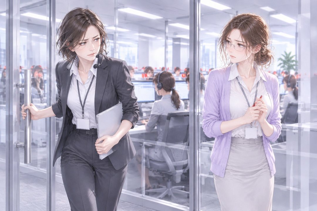 お客の窓口のガラスの仕切りの前の通路。濃いグレーの上着にヘッドセットの40代の女性の主任（左）が、片手でガラス戸を押し、紙の束を抱えて出てくる。向かいで、眼鏡の若い女性社員（右）が赤ペンを胸の前で握って立つ。ガラスの奥の机で電話の赤いランプがいくつも点いている。