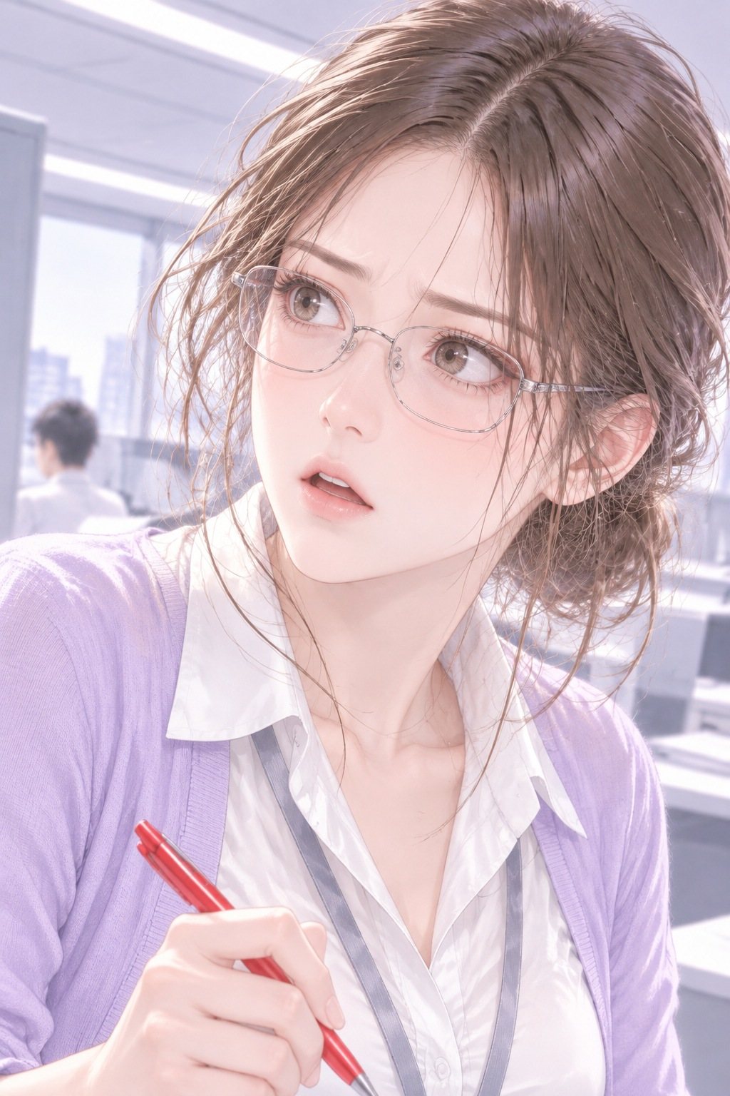 眼鏡の若い女性社員の寄り。主任の方へ顔を向け、赤ペンを持ったまま口が開く。
