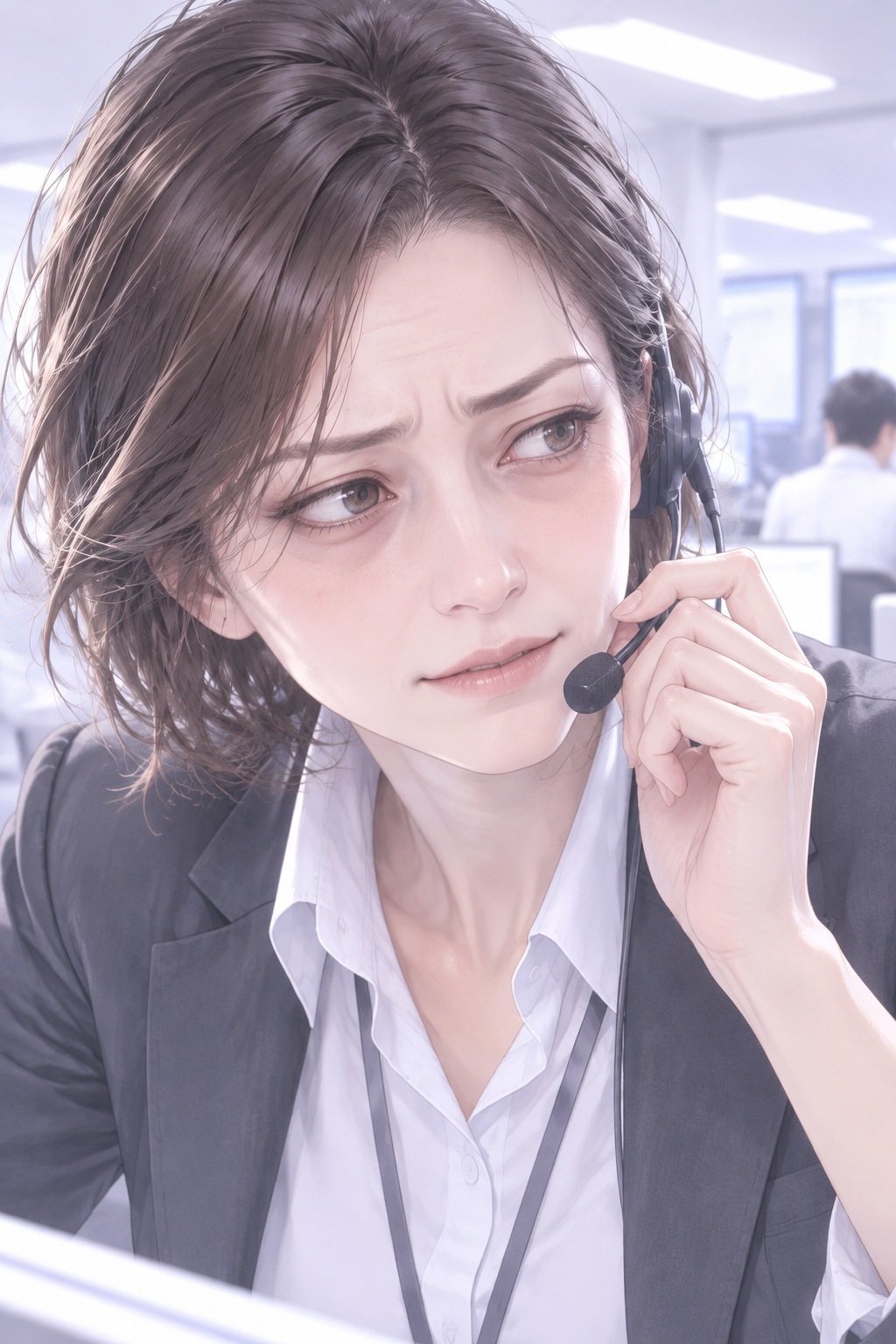 主任の寄り。ヘッドセットのマイクを指で押さえ、目の下にくまのある顔で眉を寄せ、ため息をこらえるように口を結ぶ。
