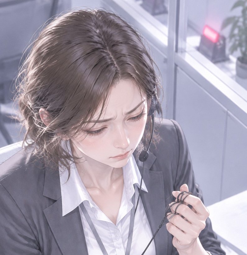 少し上から主任の胸から上。ヘッドセットのコードを指に巻き、肩を落として下を見る。後ろのガラス越しに電話の赤いランプ。