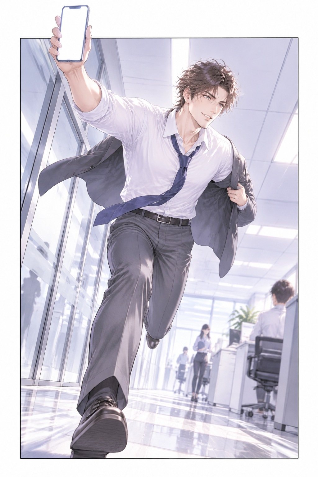 通路を走ってくる背の高い男性社員。上着を片腕だけ通したまま、うれしそうにスマートフォンを高く掲げる。スマートフォンが枠の上へ出ている。