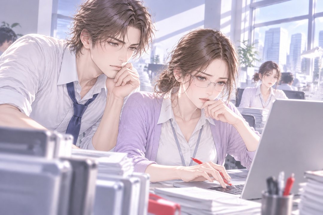 法務部の机。眼鏡の若い女性社員（右）がノートパソコンで通販の申し込みの画面を進める。左から背の高い男性社員が顔を寄せてのぞき込む。